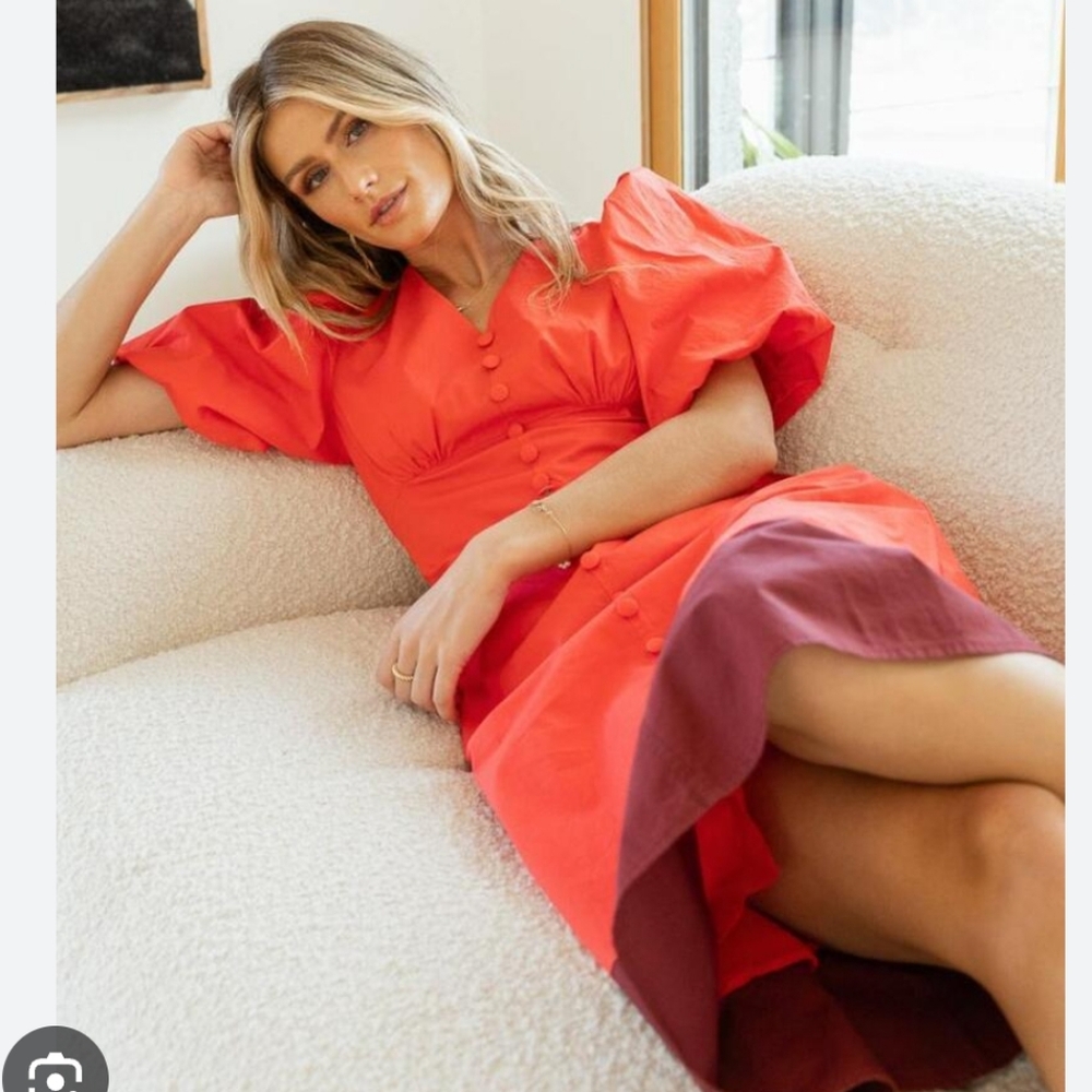 Bohme Hannah Colorblock Puff Sleeve Midi Dress, Orange Pink Maroon